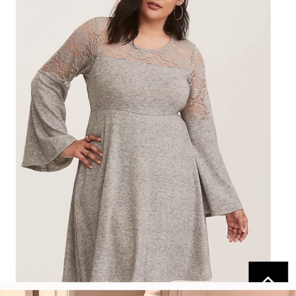 Torrid grey lace dress bell sleeves.
